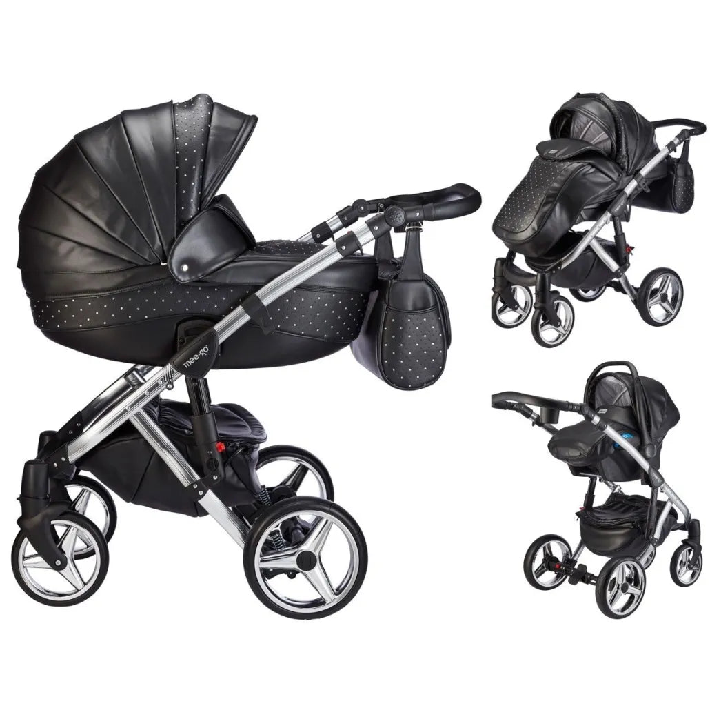 Mee-Go Milano Plus 3 in 1 Swarovski Pushchair with Car Seat - Black on Silver