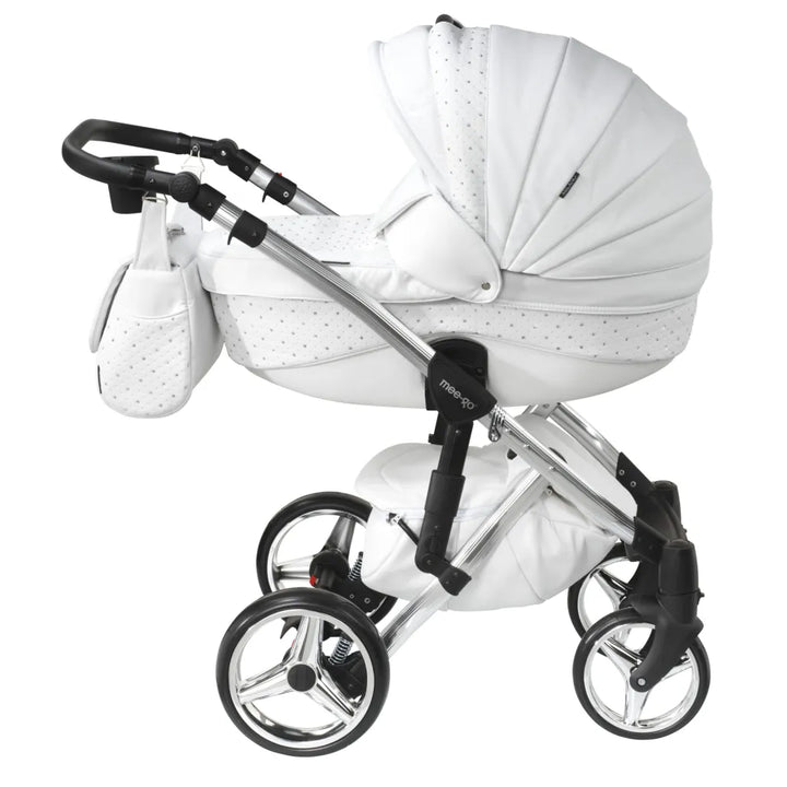 Mee-Go Milano Plus 3 in 1 Swarovski Pushchair with Car Seat - White on Silver