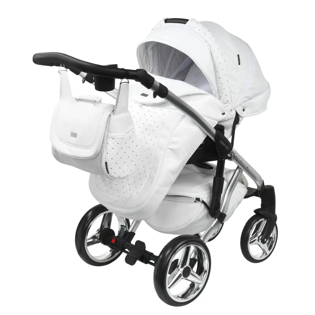 Mee-Go Milano Plus 3 in 1 Swarovski Pushchair with Car Seat - White on Silver