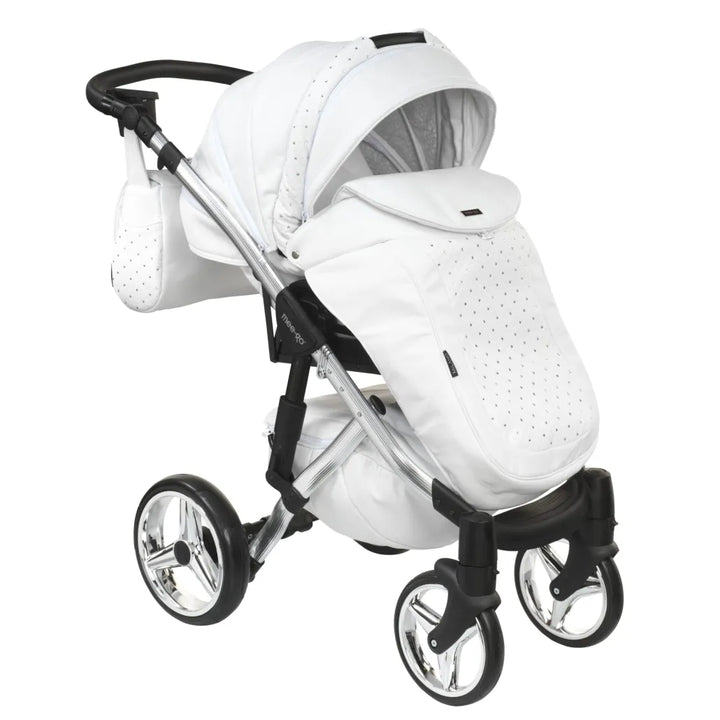 Mee-Go Milano Plus 3 in 1 Swarovski Pushchair with Car Seat - White on Silver