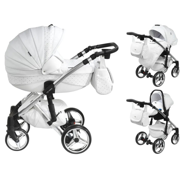 Mee-Go Milano Plus 3 in 1 Swarovski Pushchair with Car Seat - White on Silver