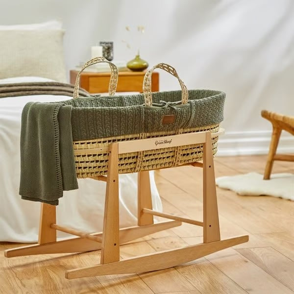 Little Green Sheep Knitted Moses Basket Including Rocking Stand – Juniper