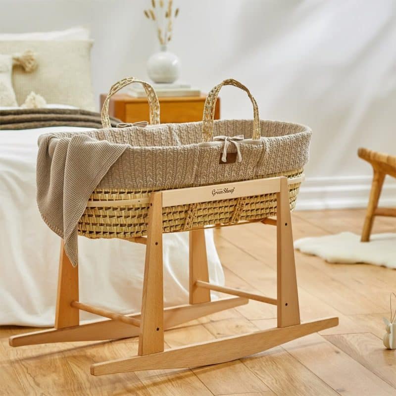 The Little Green Sheep Knitted Moses Basket, Mattress & Natural Rocking Stand - Truffle