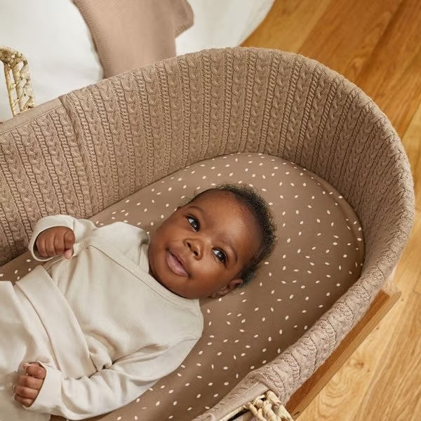 The Little Green Sheep Knitted Moses Basket, Mattress & Natural Rocking Stand - Truffle