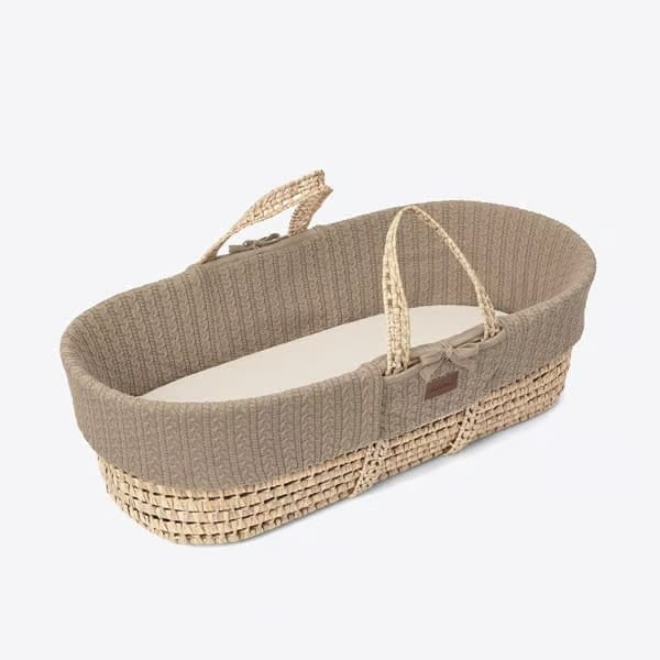 The Little Green Sheep Knitted Moses Basket, Mattress & Natural Rocking Stand - Truffle