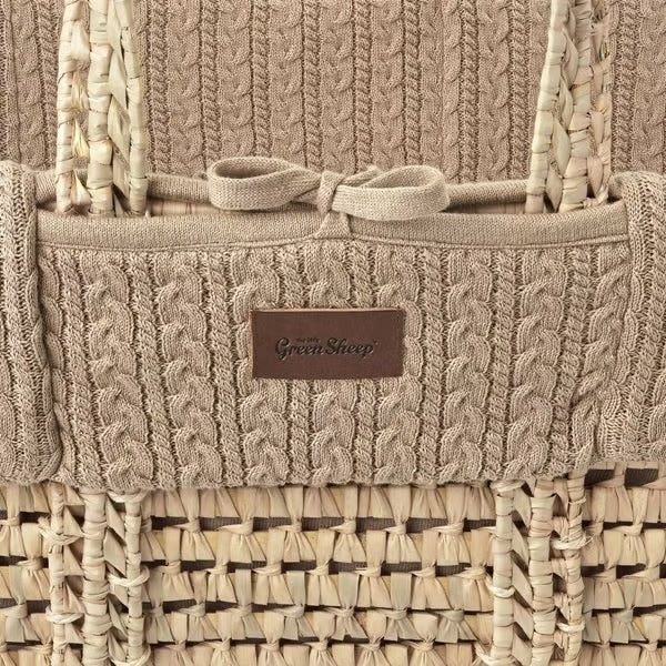 The Little Green Sheep Knitted Moses Basket, Mattress & Natural Rocking Stand - Truffle