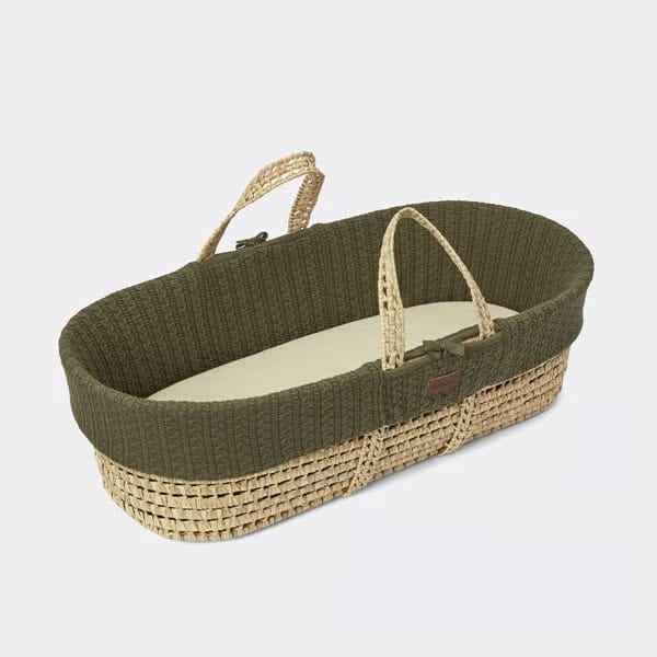 The Little Green Sheep Organic Knitted Moses Basket, Mattress & Natural Rocking Stand - Juniper