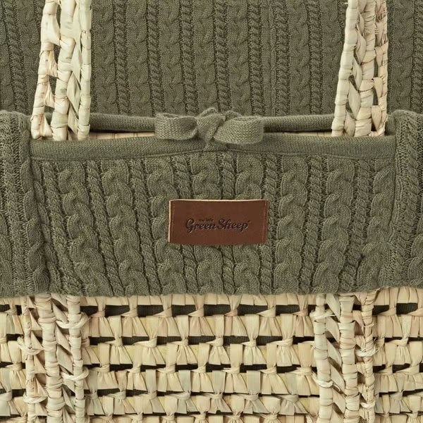 The Little Green Sheep Organic Knitted Moses Basket, Mattress & Natural Rocking Stand - Juniper