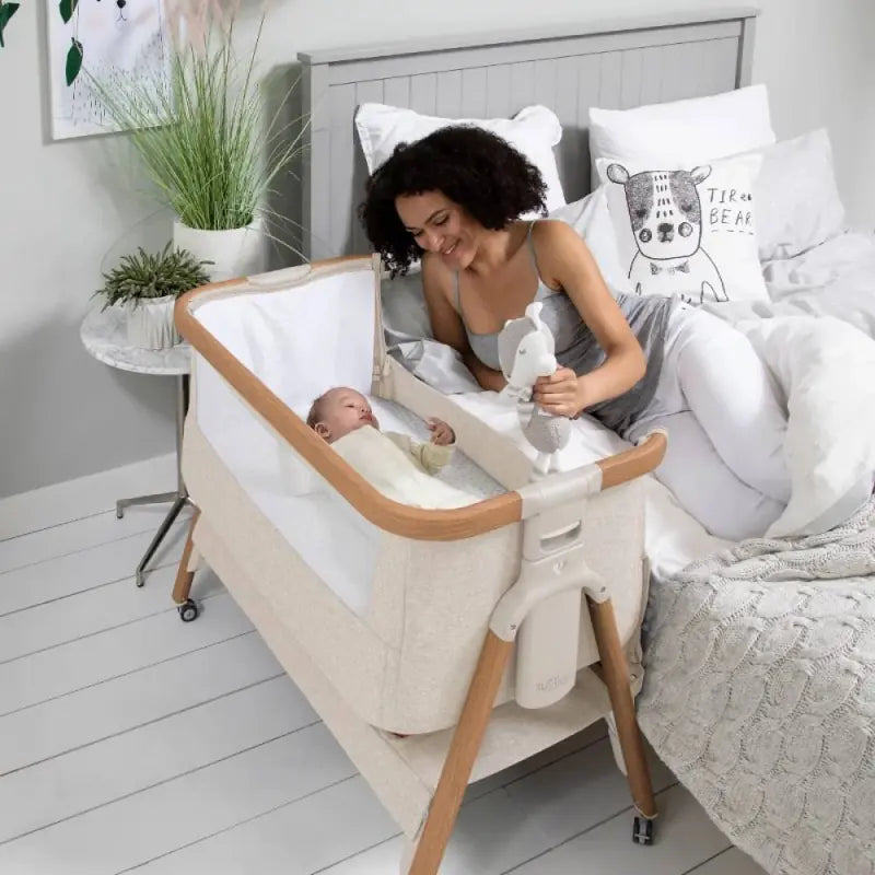 Tutti Bambini CoZee AIR Bedside Crib 4 Piece Essential Bundle - Scandinavian Walnut/Ecru