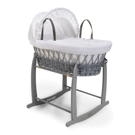 Clair De Lune Waffle Grey Wicker Moses Basket + Deluxe Rocking Stand - White