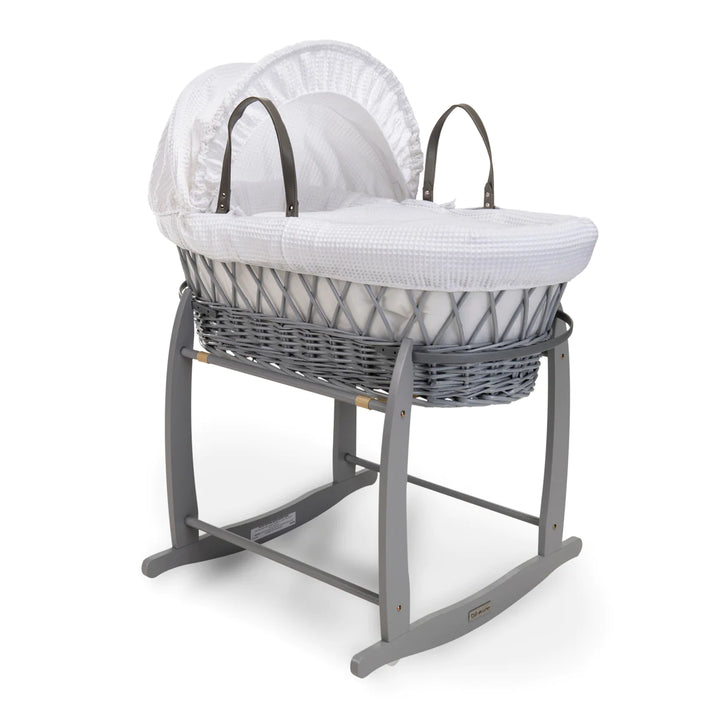 Clair De Lune Waffle Grey Wicker Moses Basket & Rocking Stand - White