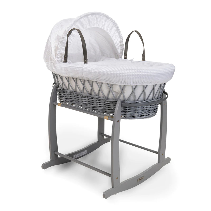 Clair De Lune Waffle Grey Wicker Moses Basket + Deluxe Rocking Stand - White