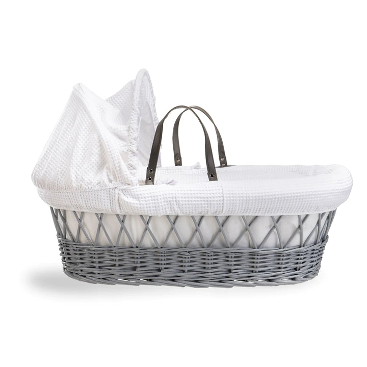 Clair De Lune Waffle Grey Wicker Moses Basket & Rocking Stand - White