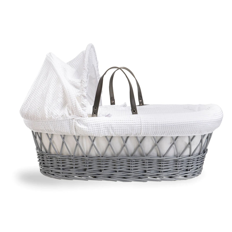 Clair De Lune Waffle Grey Wicker Moses Basket + Deluxe Rocking Stand - White