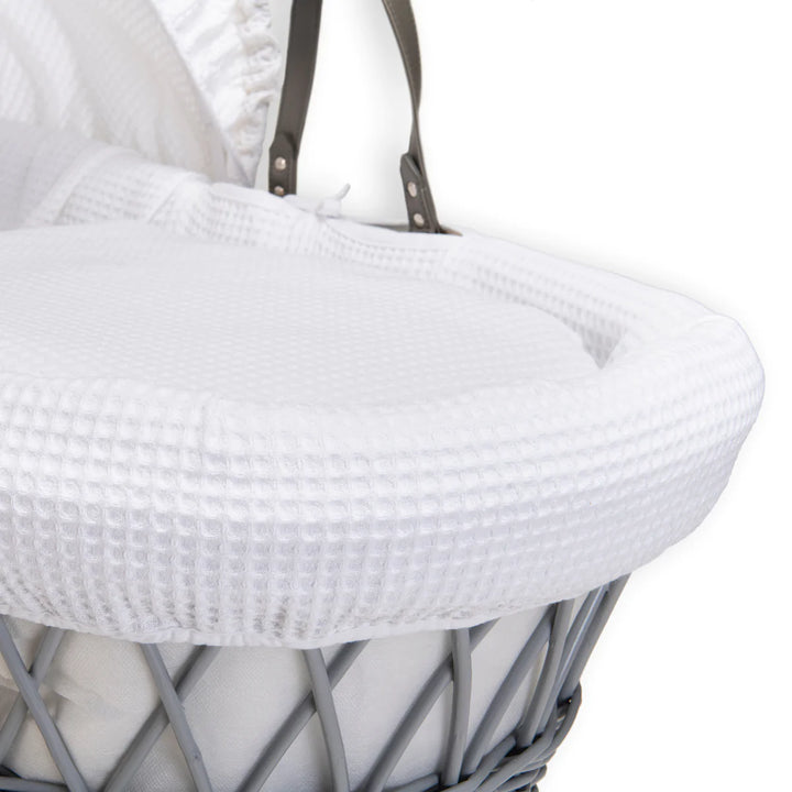 Clair De Lune Waffle Grey Wicker Moses Basket & Rocking Stand - White