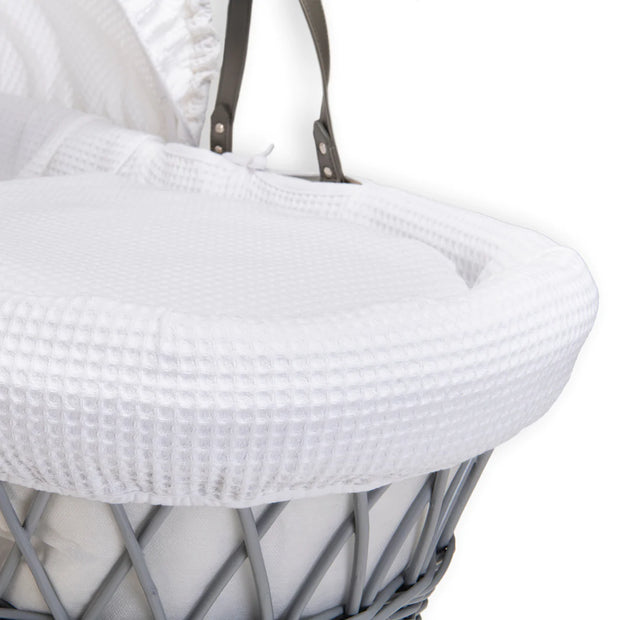 Grey waffle white wicker store moses basket and rocker