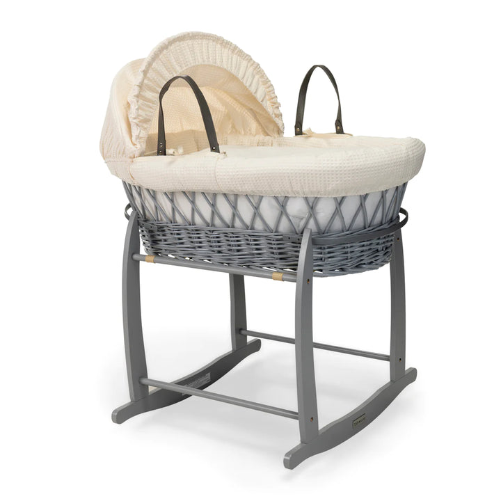 Clair De Lune Waffle Grey Wicker Moses Basket & Rocking Stand - Cream