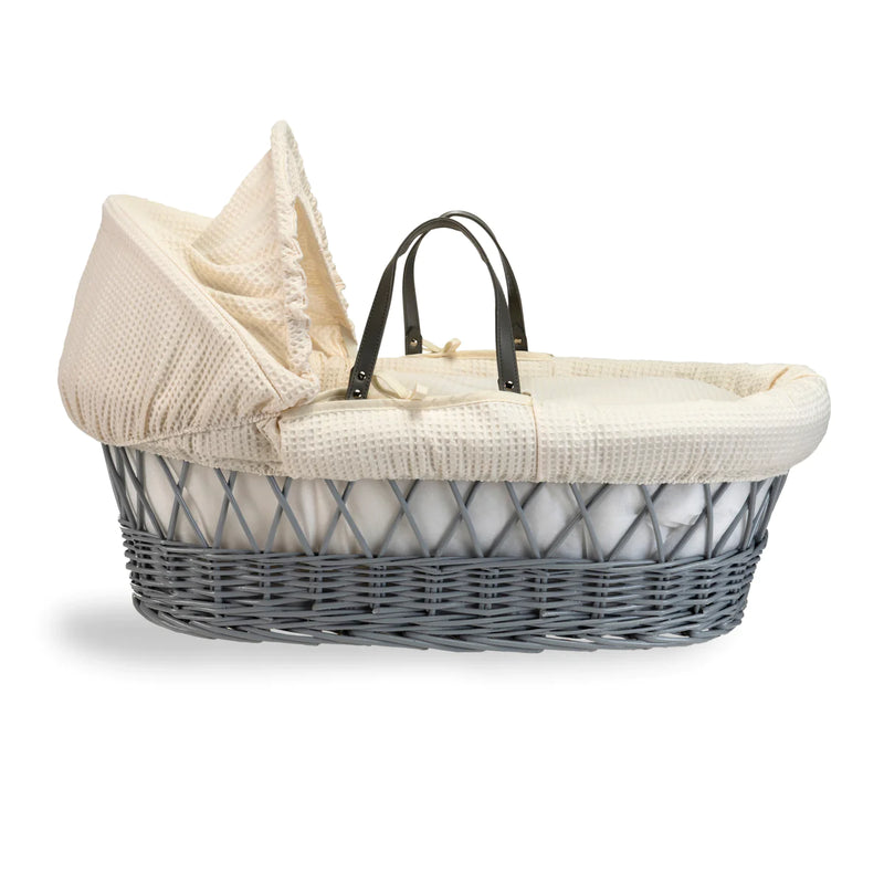 Clair De Lune Waffle Grey Wicker Moses Basket & Deluxe Rocking Stand - Cream