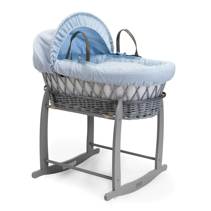 Clair De Lune Waffle Grey Wicker Moses Basket & Rocking Stand - Blue