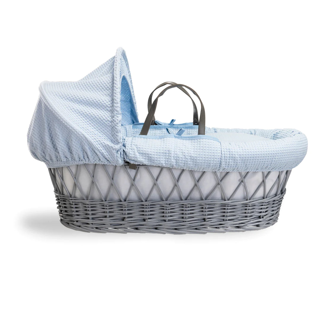 Clair De Lune Waffle Grey Wicker Moses Basket & Rocking Stand - Blue