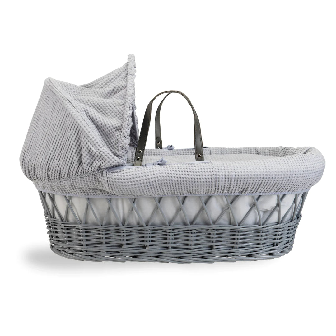 Clair De Lune Waffle Grey Wicker Moses Basket & Rocking Stand - Grey