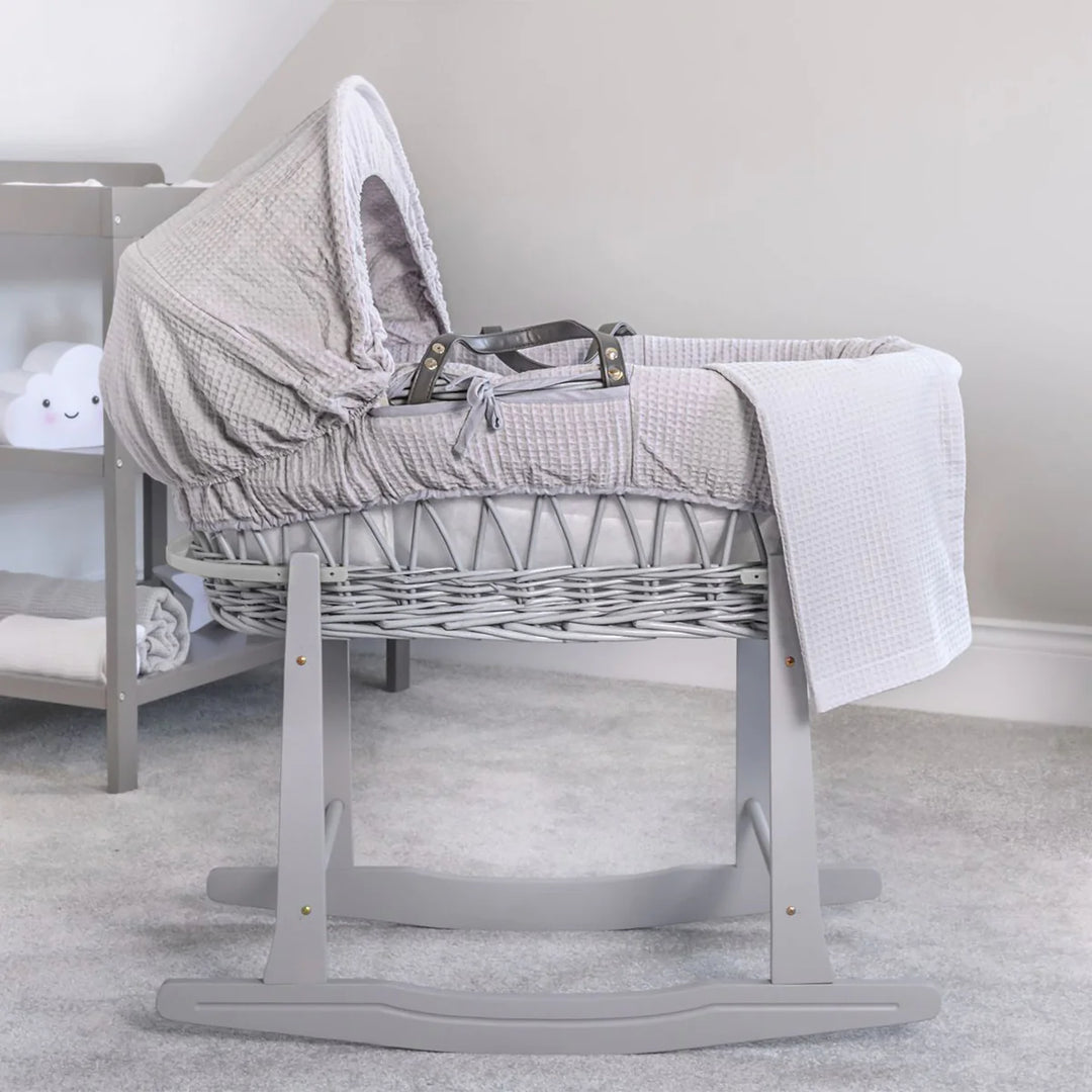 Clair De Lune Waffle Grey Wicker Moses Basket & Rocking Stand - Grey