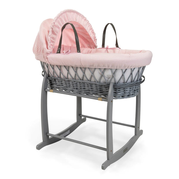 Clair De Lune Waffle Grey Wicker Moses Basket & Rocking Stand - Pink