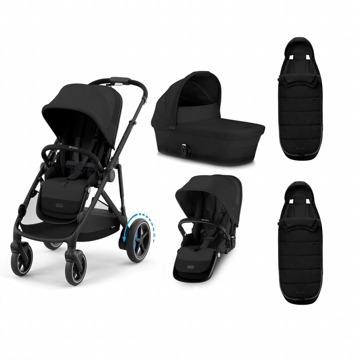 Cybex e-Gazelle S Double Pushchair Bundle Inc Gold Footmuffs - Moon Black