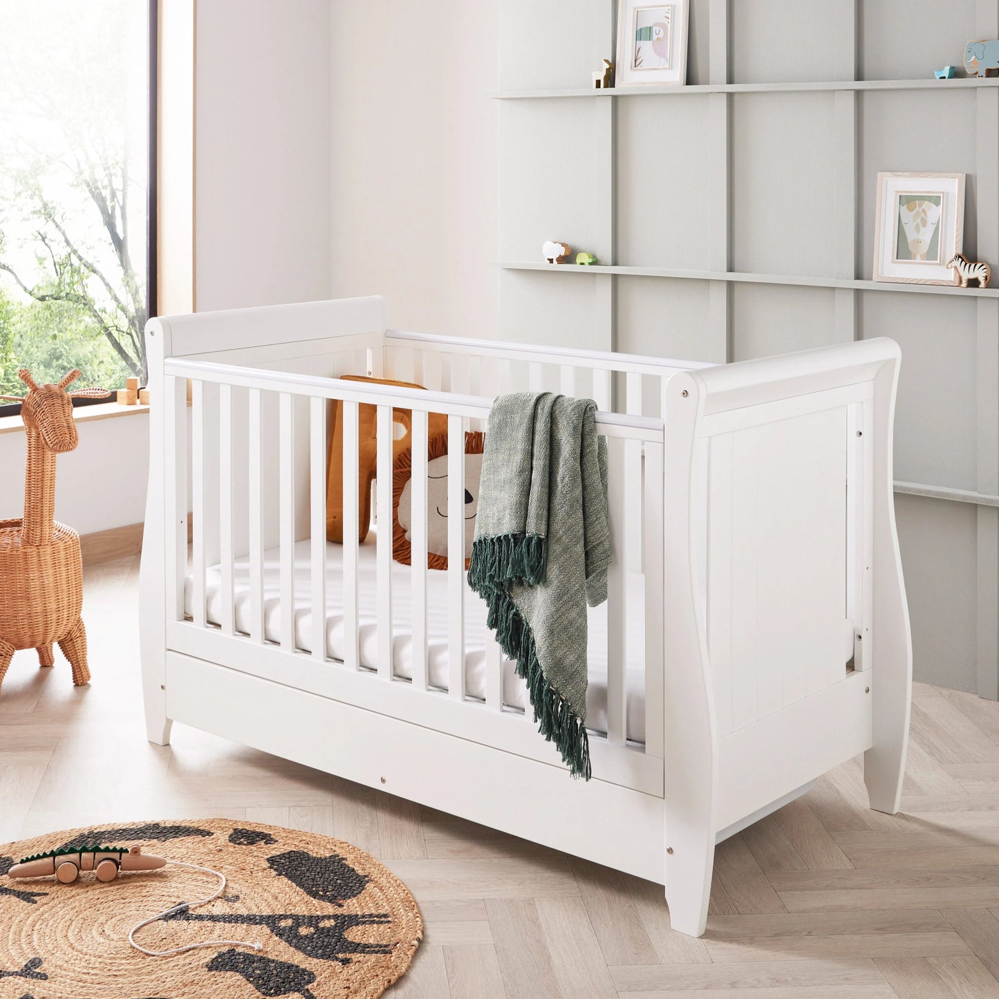 Babymore Stella Sleigh Drop Side Cot Bed - White