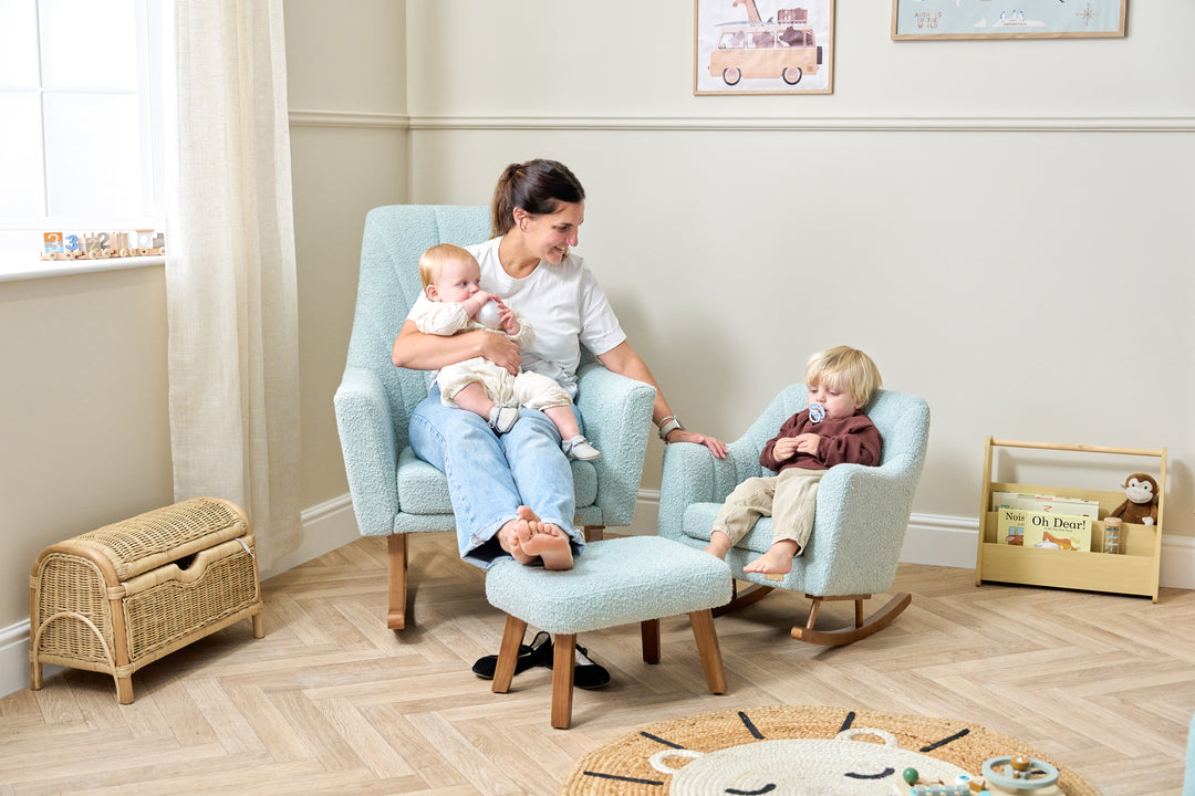 Tutti Bambini Jonah Luxe Rocking Chair & Foot Stool - Boucle Ocean Stone