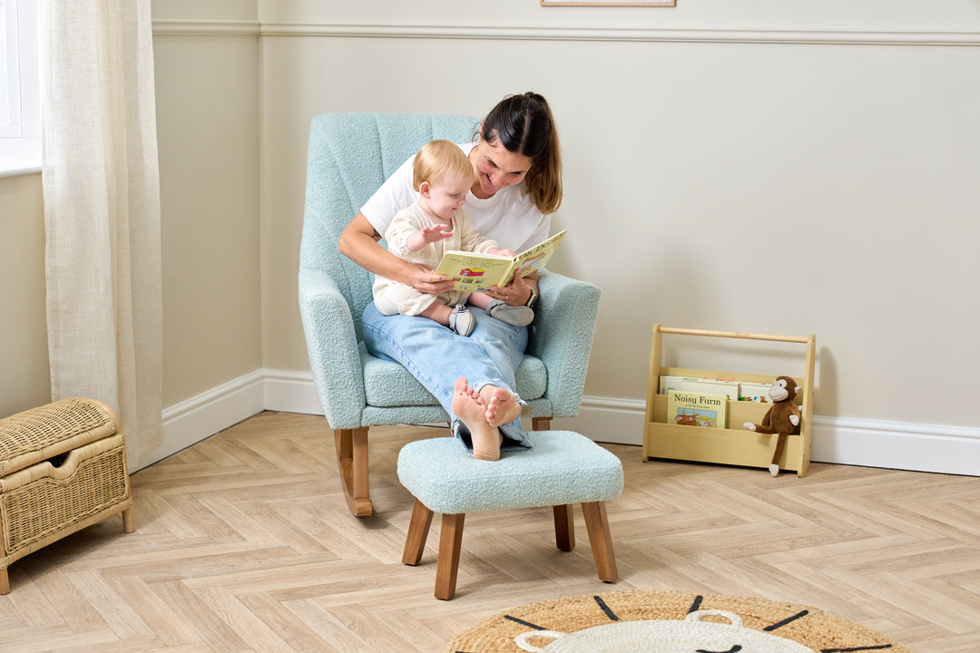 Tutti Bambini Jonah Luxe Rocking Chair & Foot Stool - Boucle Ocean Stone