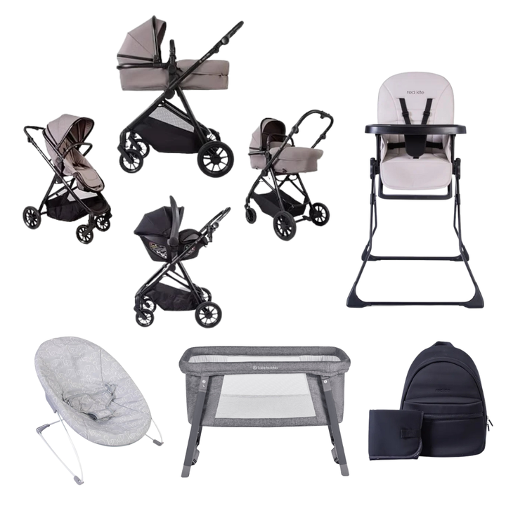 Redkite Push Me Savanna i Travel System Ultimate Baby Essentials Bundle - Grey