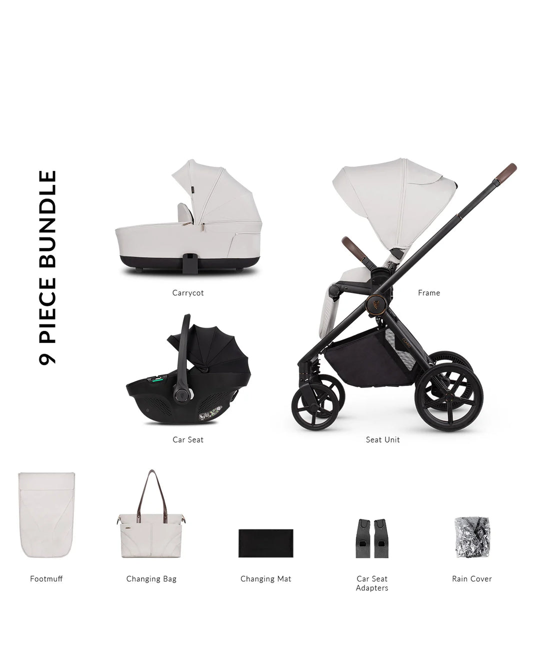 Venicci Claro 3in1 Travel System Bundle Inc Tiago Car Seat - Vanilla