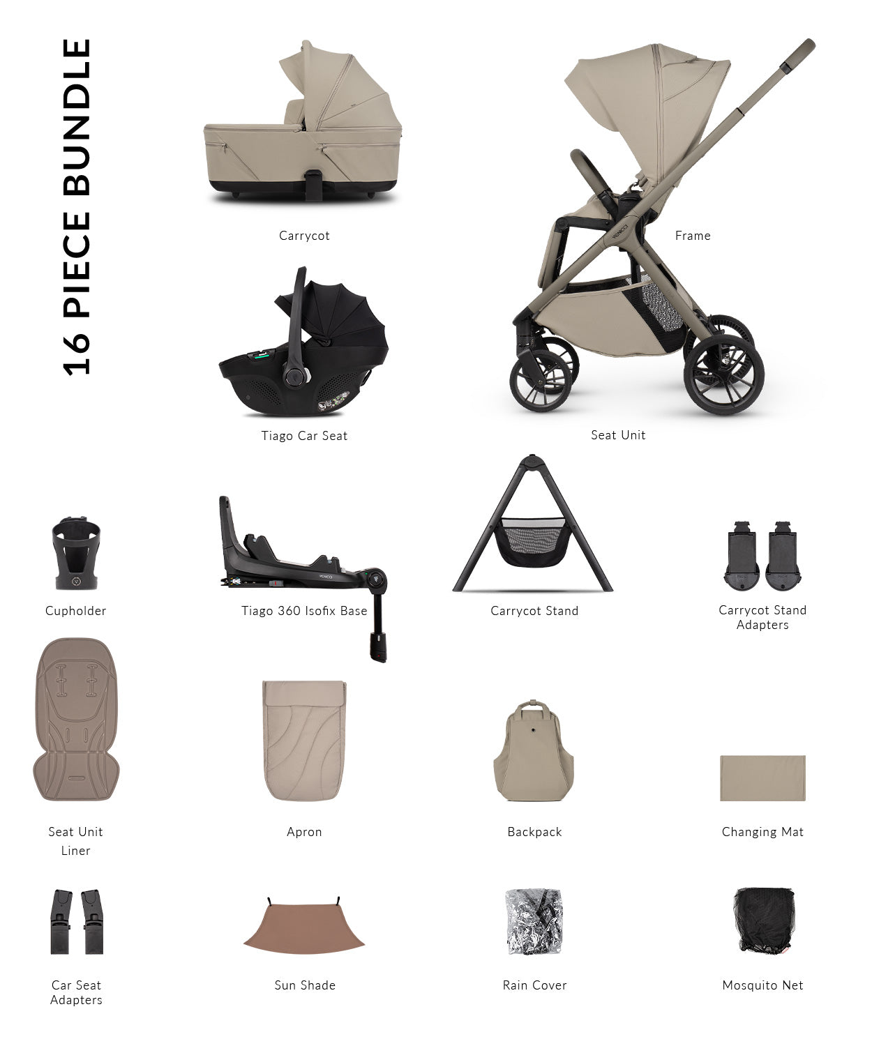 Venicci Tila 16 Piece Ultimate Tiago Travel System Bundle - Latte