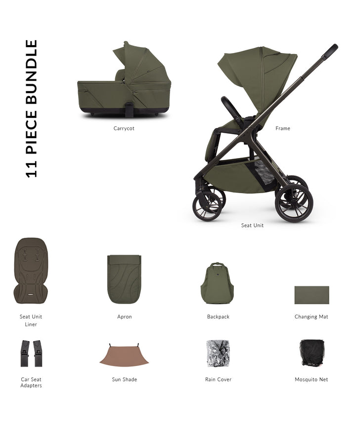 Venicci Tila 11 Piece Travel System Bundle - Olive