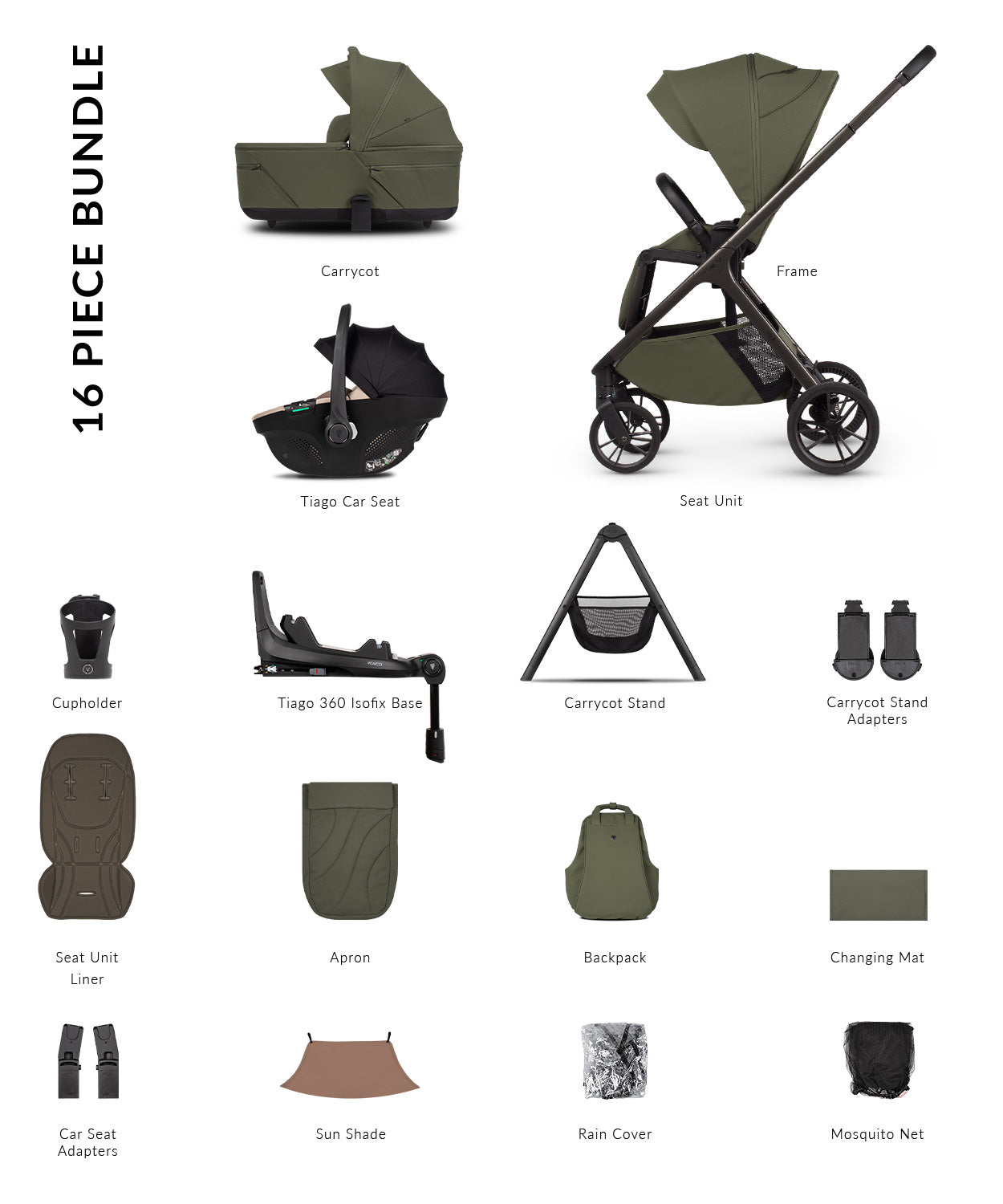 Venicci Tila 16 Piece Ultimate Tiago Travel System Bundle - Olive