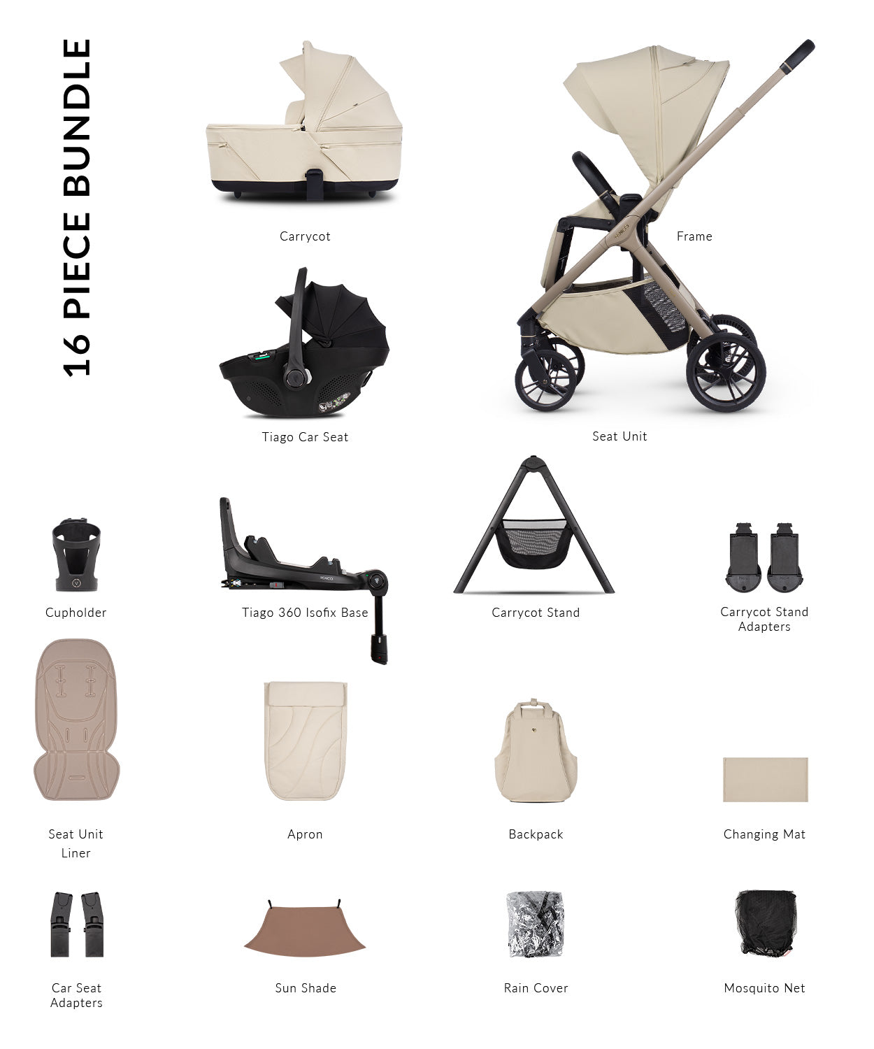 Venicci Tila 16 Piece Ultimate Tiago Travel System Bundle - Sabbia