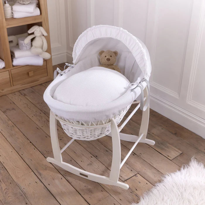 Clair De Lune White Waffle, White Wicker Moses Basket + Rocking Stand