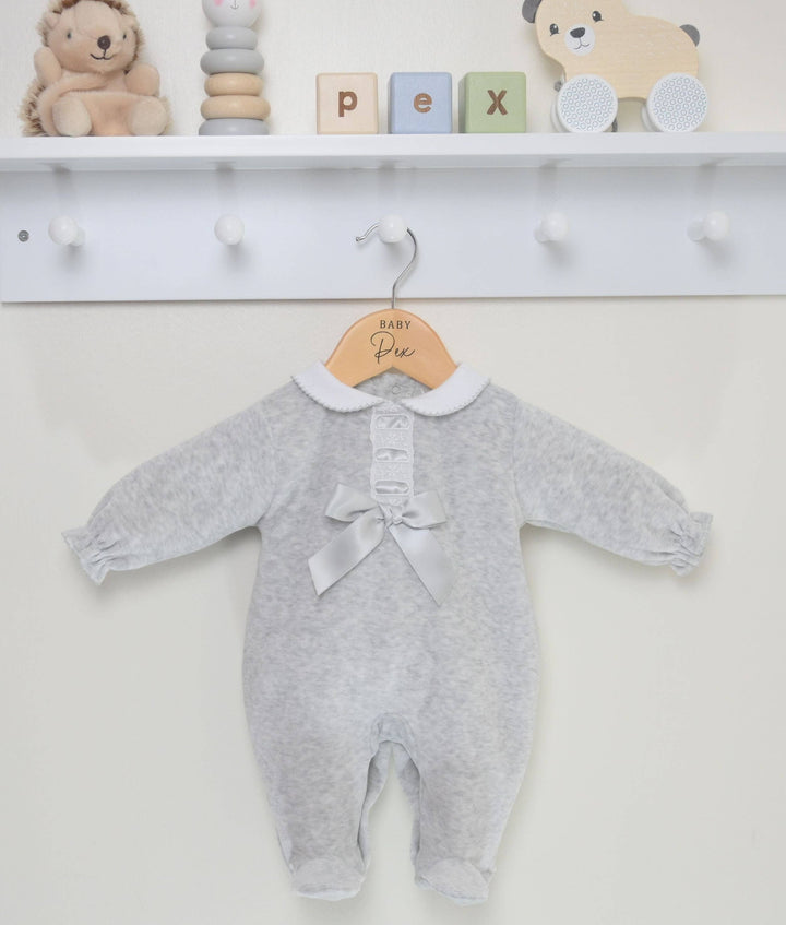 Pex Velour Bow Sleepsuit - Silver: 0-3M