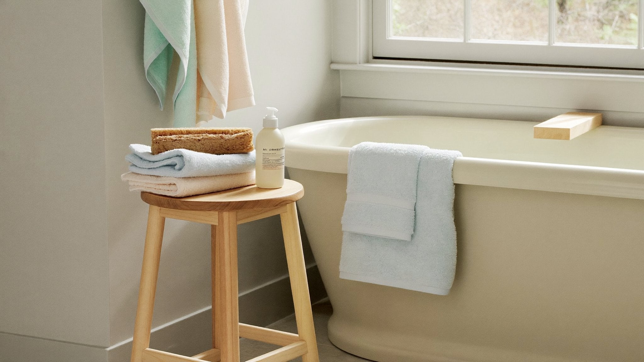 Bright bathroom with a baby bath tub, towels and sponge - Bambinos & Beyond Bath Time