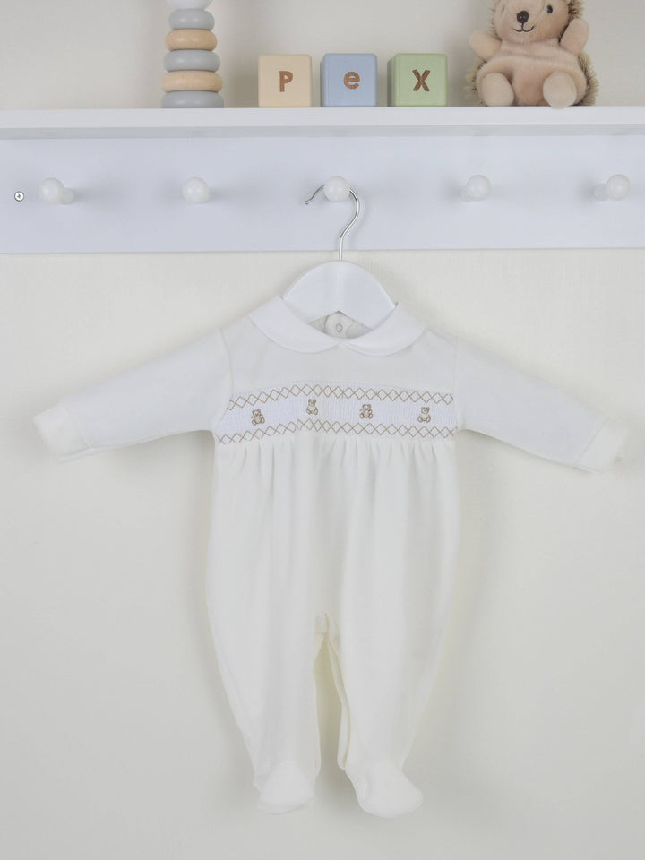 Pex Teddy Smocked Sleepsuit - Ivory: Newborn