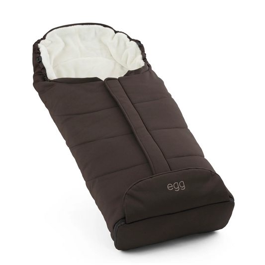 Brown baby footmuff with white interior on a white background