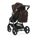 Brown baby stroller with matching backpack on a white background