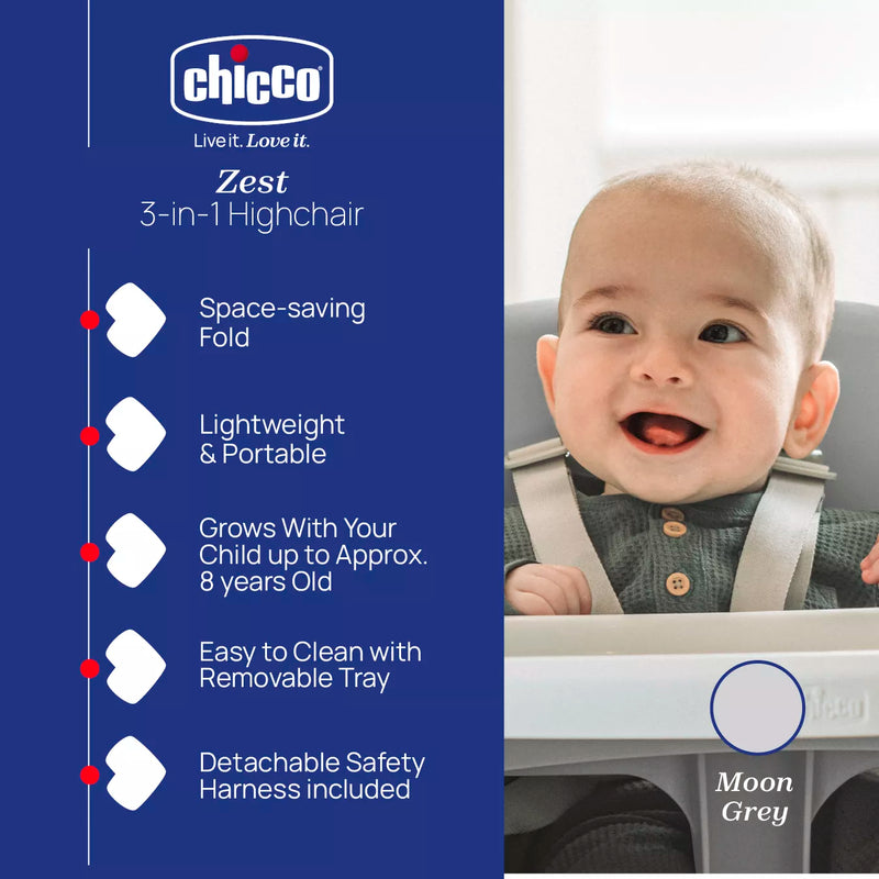 Chicco 3-in-1 Zest Folding Highchair - Moon Grey