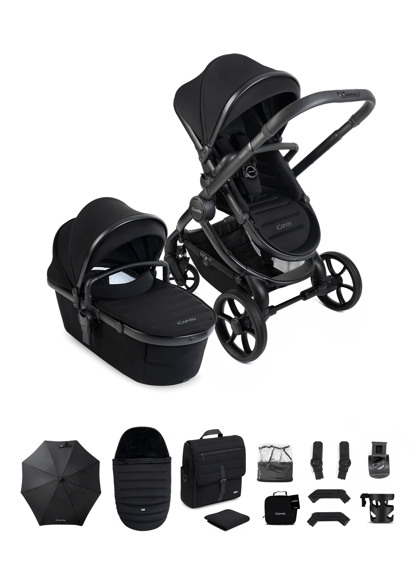 iCandy Peach 8 Complete Pushchair, Carrycot + Accessories Bundle - Black