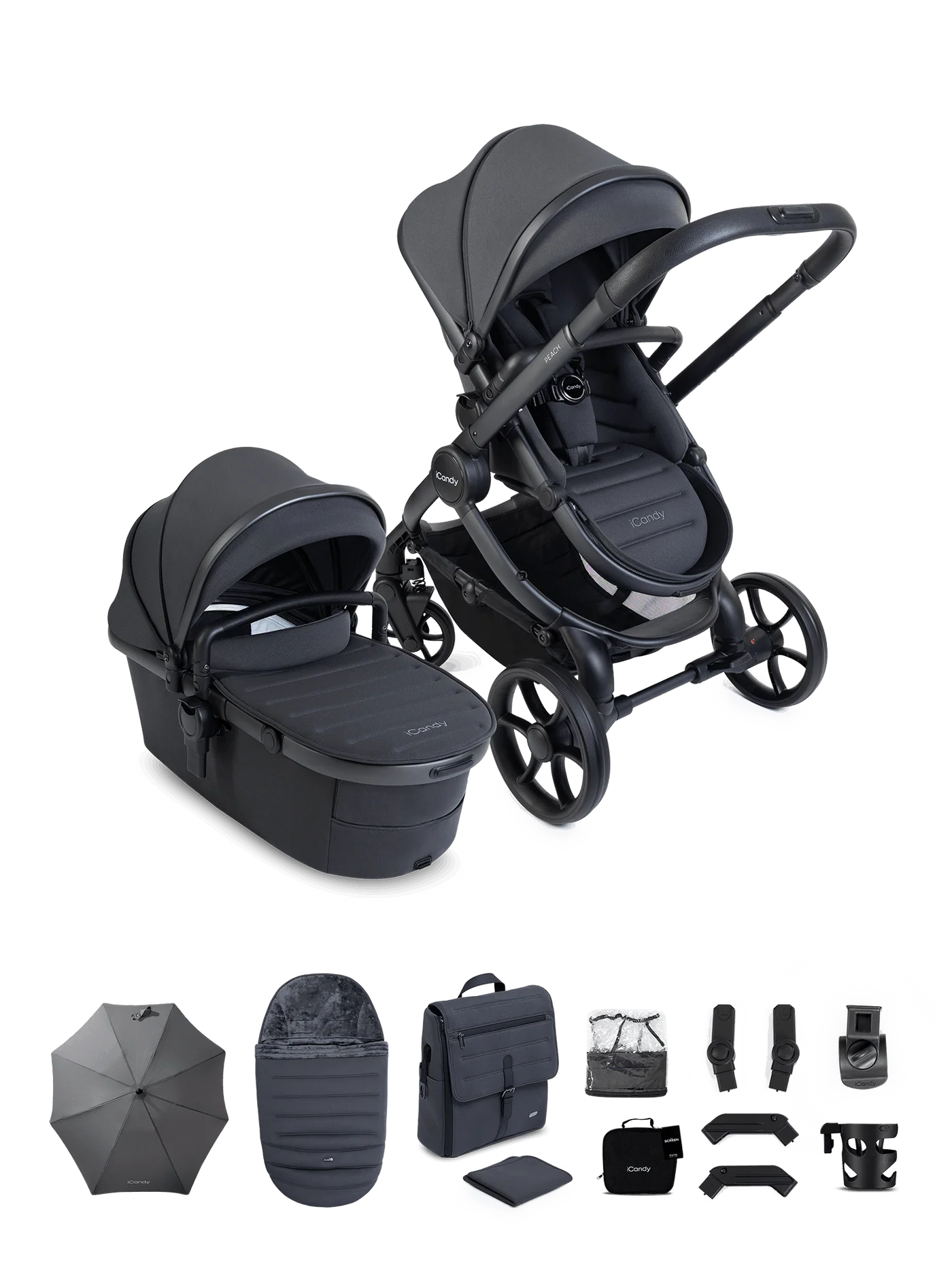 iCandy Peach 8 Complete Pushchair, Carrycot + Accessories Bundle - Grey