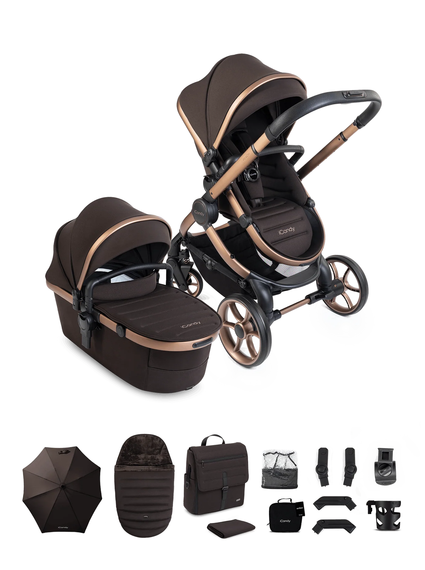 iCandy Peach 8 Editions Collection Complete Pushchair, Carrycot + Accessories Bundle - Pecan