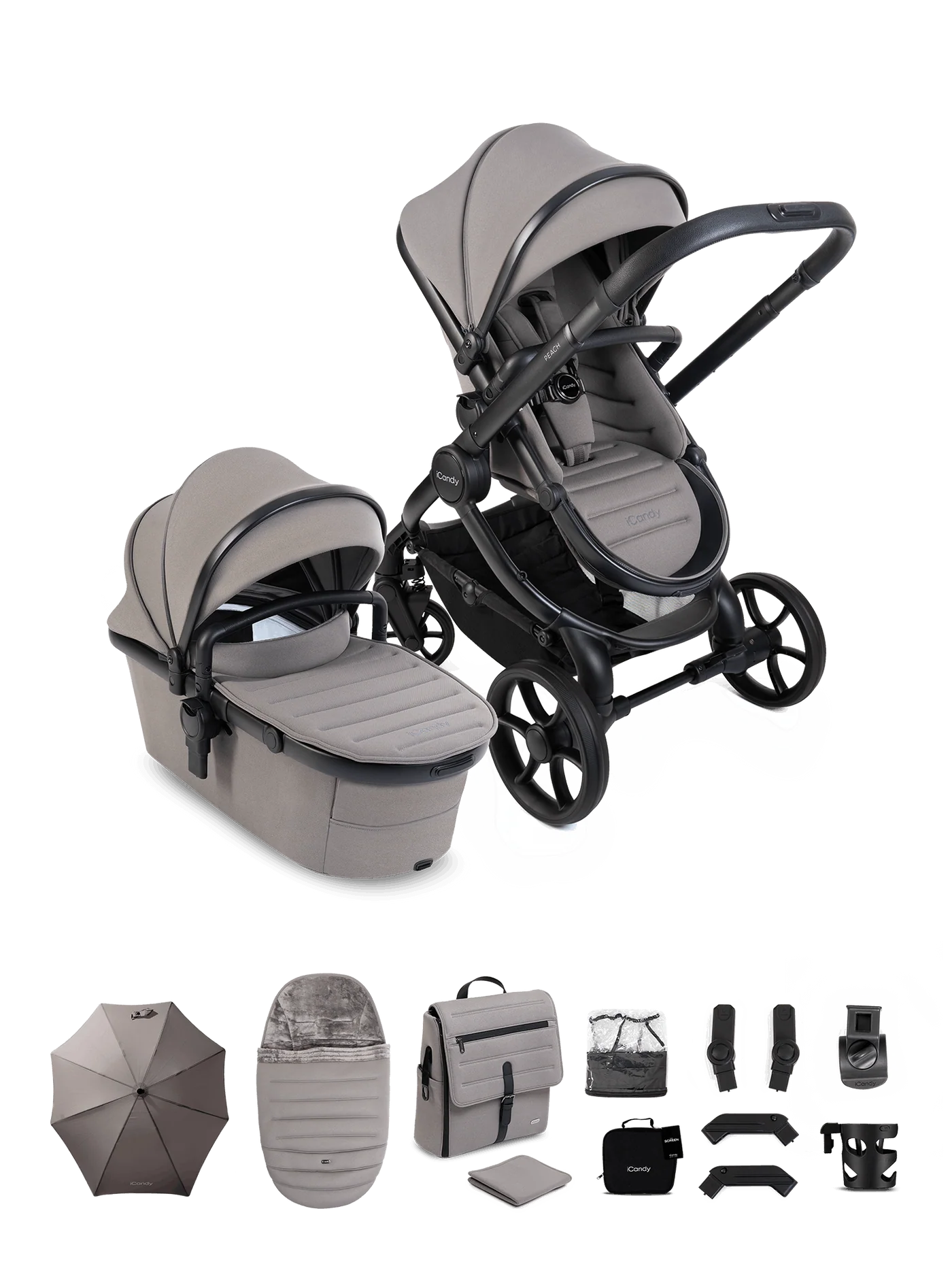 iCandy Peach 8 Complete Pushchair, Carrycot + Accessories Bundle - Porcini