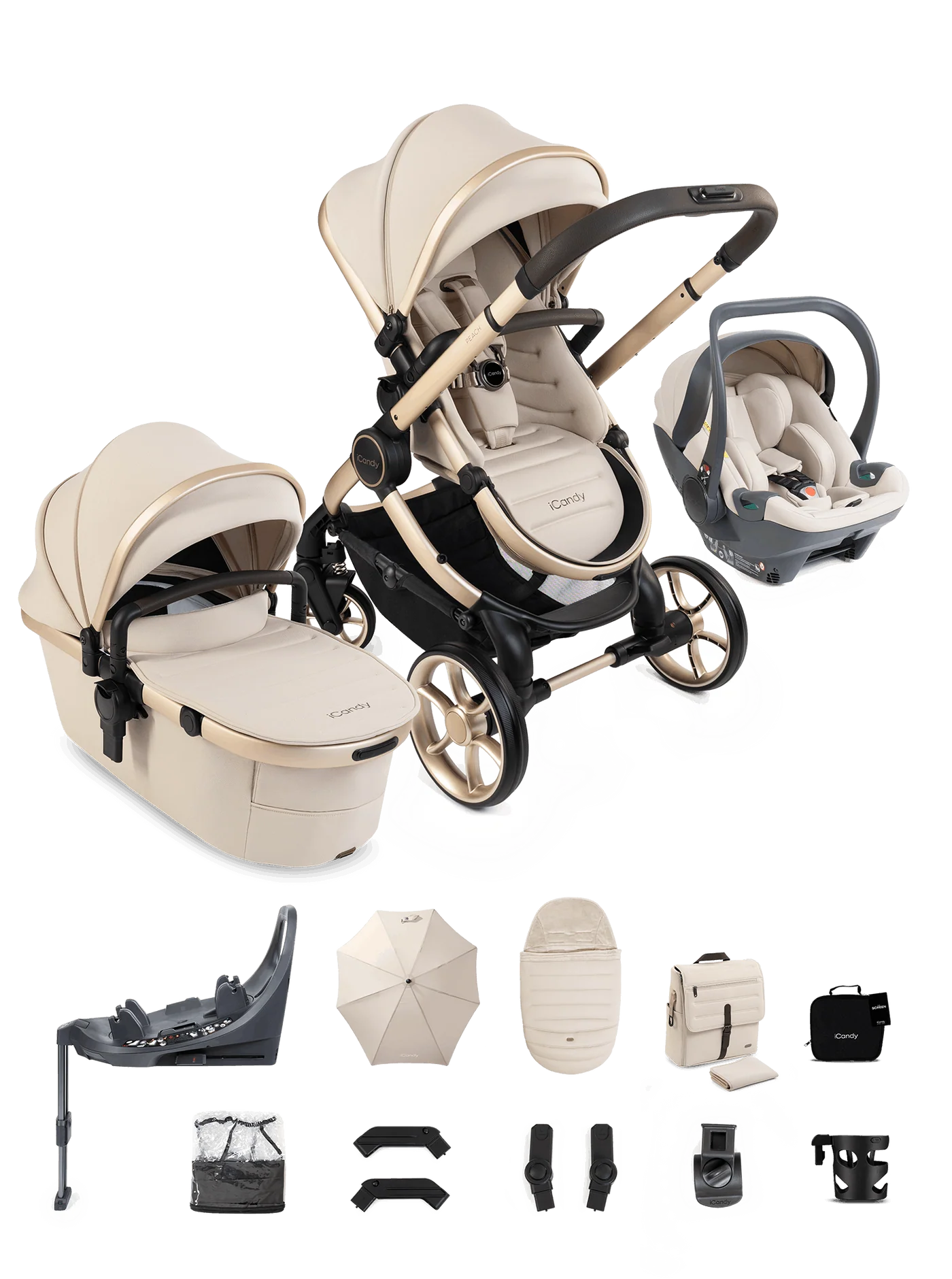 iCandy Peach 8 Editions Collection Complete Bundle with Cocoon 360 Car Seat & Base - Biscotti