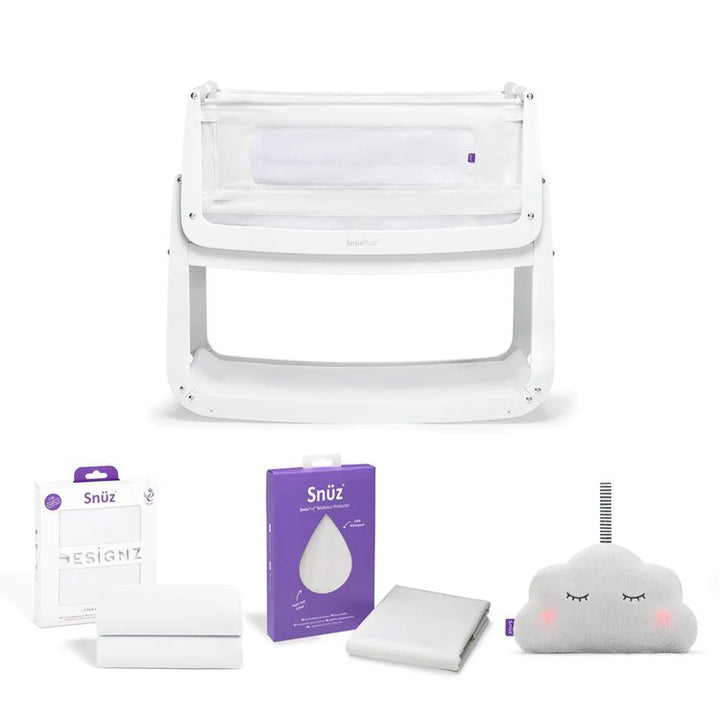 SnuzPod4 Bedside Crib Starter Bundle - White (White Sheets)